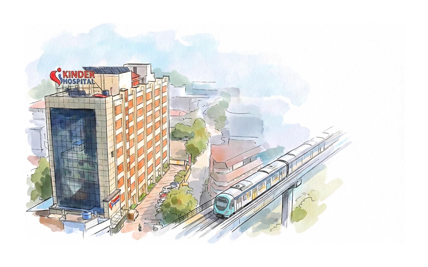 Illustration of the Kinder Hospitals Kochi building