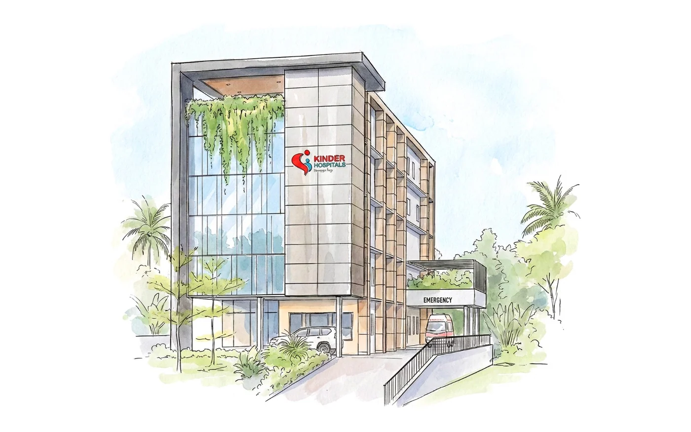 Illustration of the Kinder Hospitals Kollam building